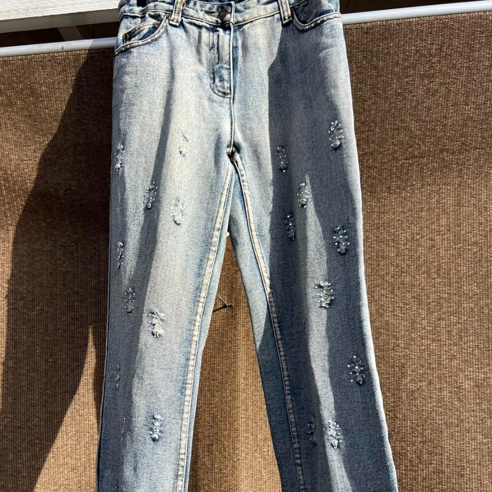 Jeanology Collection Embroidered White Stones Wide Leg Jeans Women’s Size 6